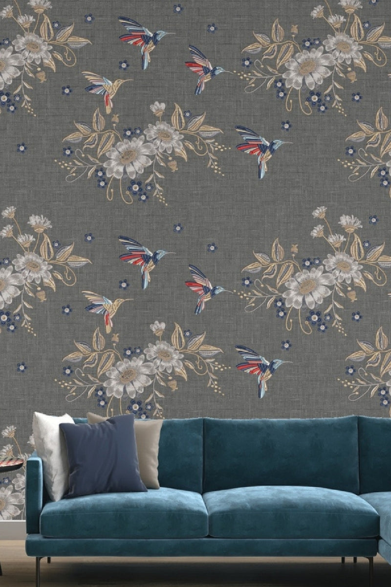 Humming Bird Embroidered Fabric Wallcovering