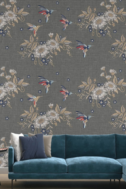 Humming Bird Embroidered Fabric Wallcovering