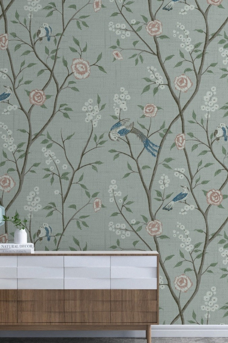 Blue Bird Embroidered Fabric Wallcovering