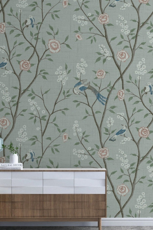 Blue Bird Embroidered Fabric Wallcovering