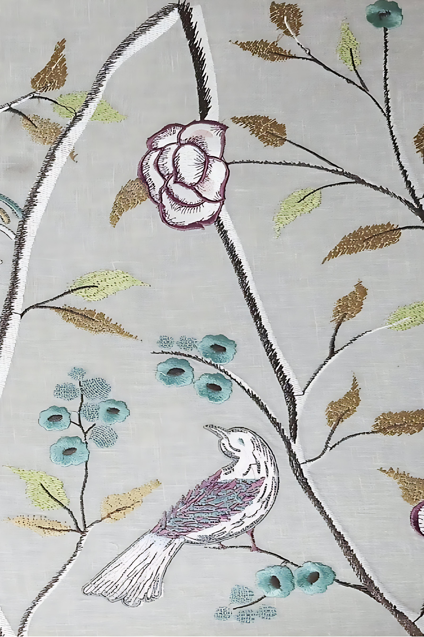 Blue Bird Embroidered Fabric Wallcovering