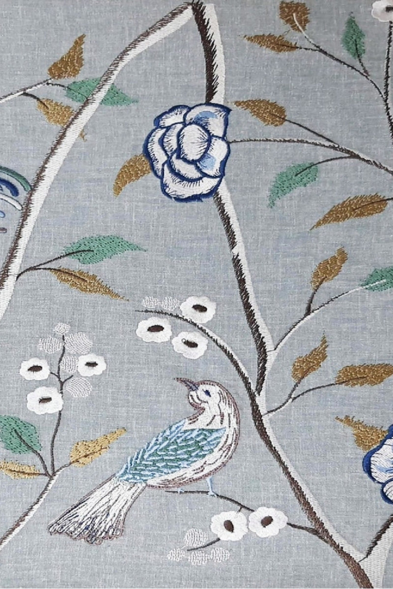 Blue Bird Embroidered Fabric Wallcovering