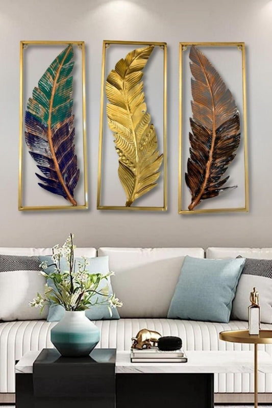 Trinity Of Feathers Metal Built-In Hooks Ready To Hang Multicolour Wall Art