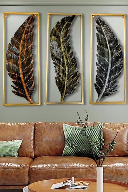 Trinity Of Feathers Metal Built-In Hooks Ready To Hang Multicolour Wall Art