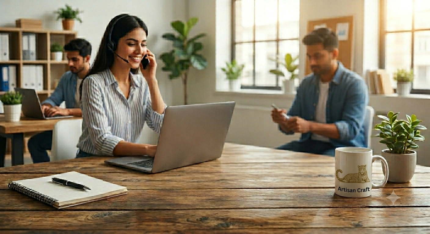 Person using a laptop with colleagues in an office setting
