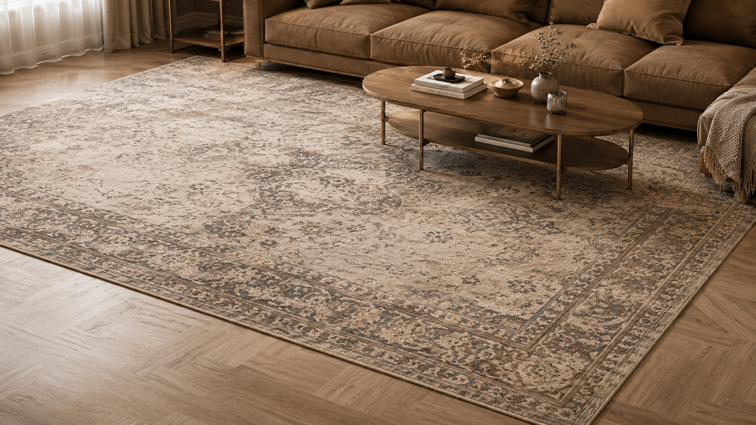 Custom Rugs for cozy modern living room ambiance ,Living room with a large patterned rug, brown sofa, and wooden coffee table.