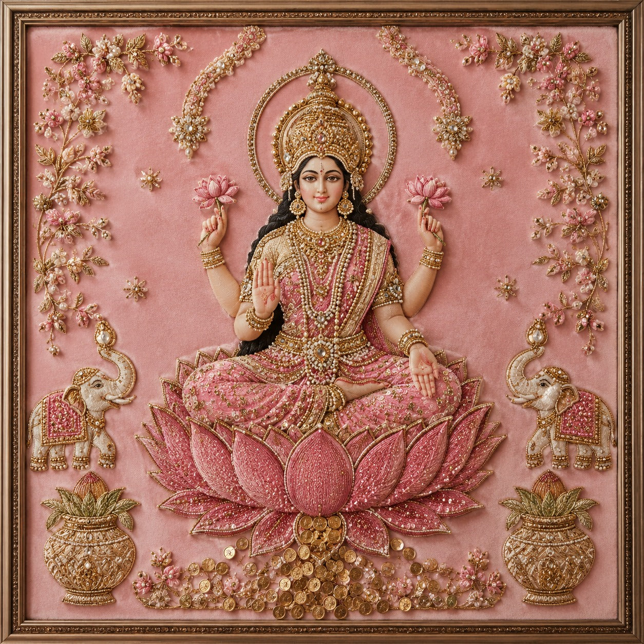 Decorative artwork of a seated figure on a pink lotus with floral and elephant designs.