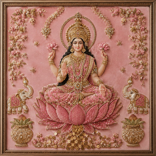 Decorative artwork of a seated figure on a pink lotus with floral and elephant designs.