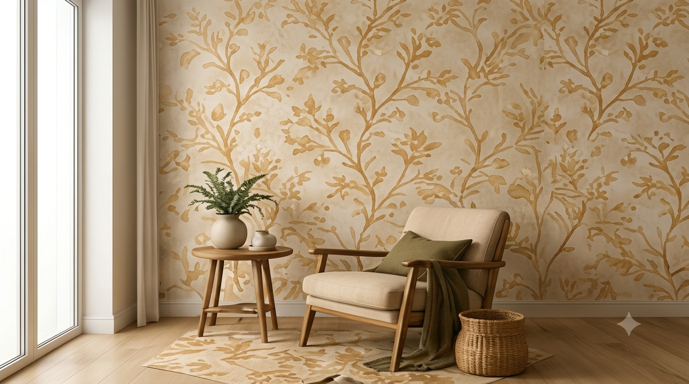 A styled interior room featuring beige wallpaper with a gold botanical branch pattern, a cream upholstered armchair with a green pillow, a small wooden side table with a potted plant, and a woven basket on a light wood floor.