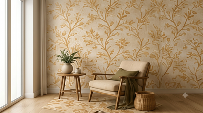 A styled interior room featuring beige wallpaper with a gold botanical branch pattern, a cream upholstered armchair with a green pillow, a small wooden side table with a potted plant, and a woven basket on a light wood floor.
