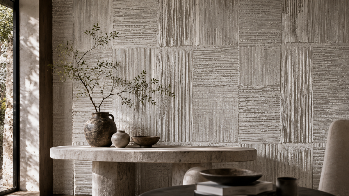 Ivory Timber Grid Wallpaper