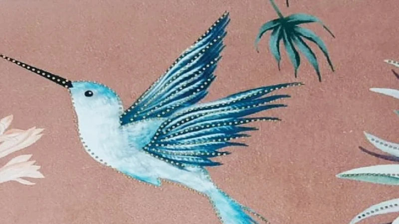 Illustration of a blue hummingbird among flowers on a pink background