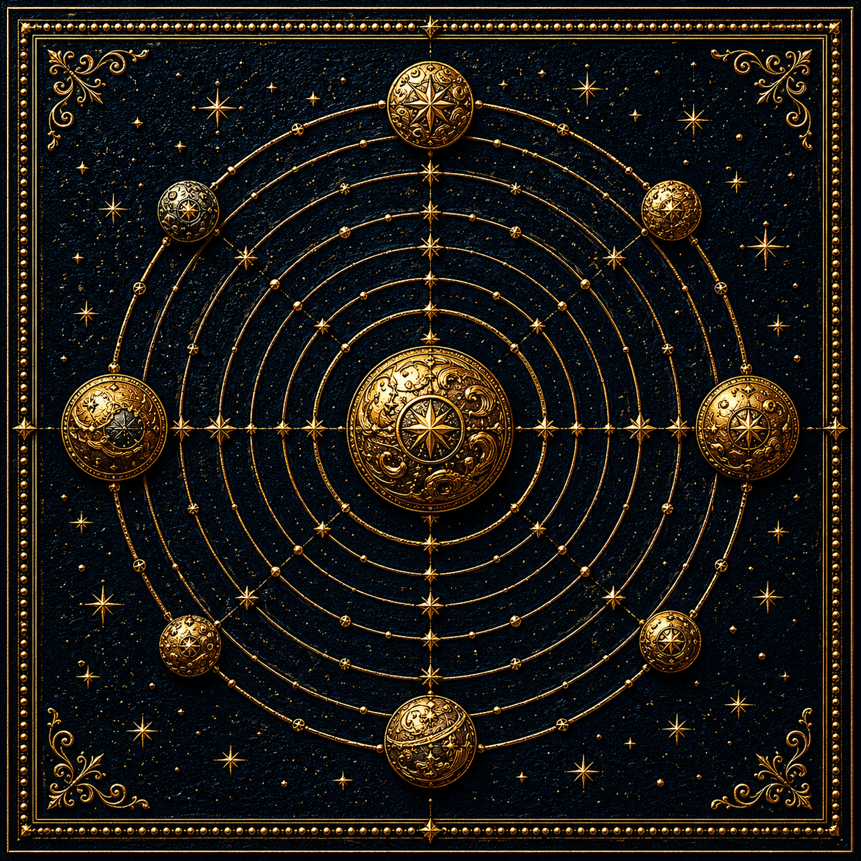 Cosmic Solar System Orbits Framed Wall Art - Denim Gold