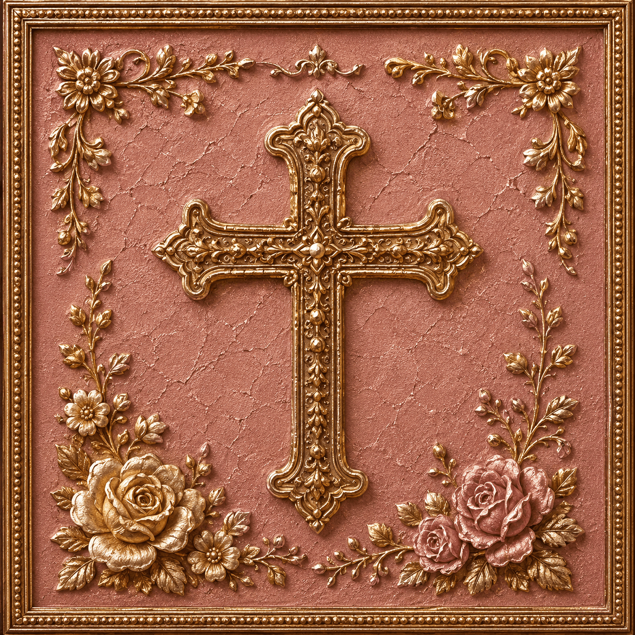 Crucifix Ornate Christian Cross Surrounded by Roses Framed Wall Art