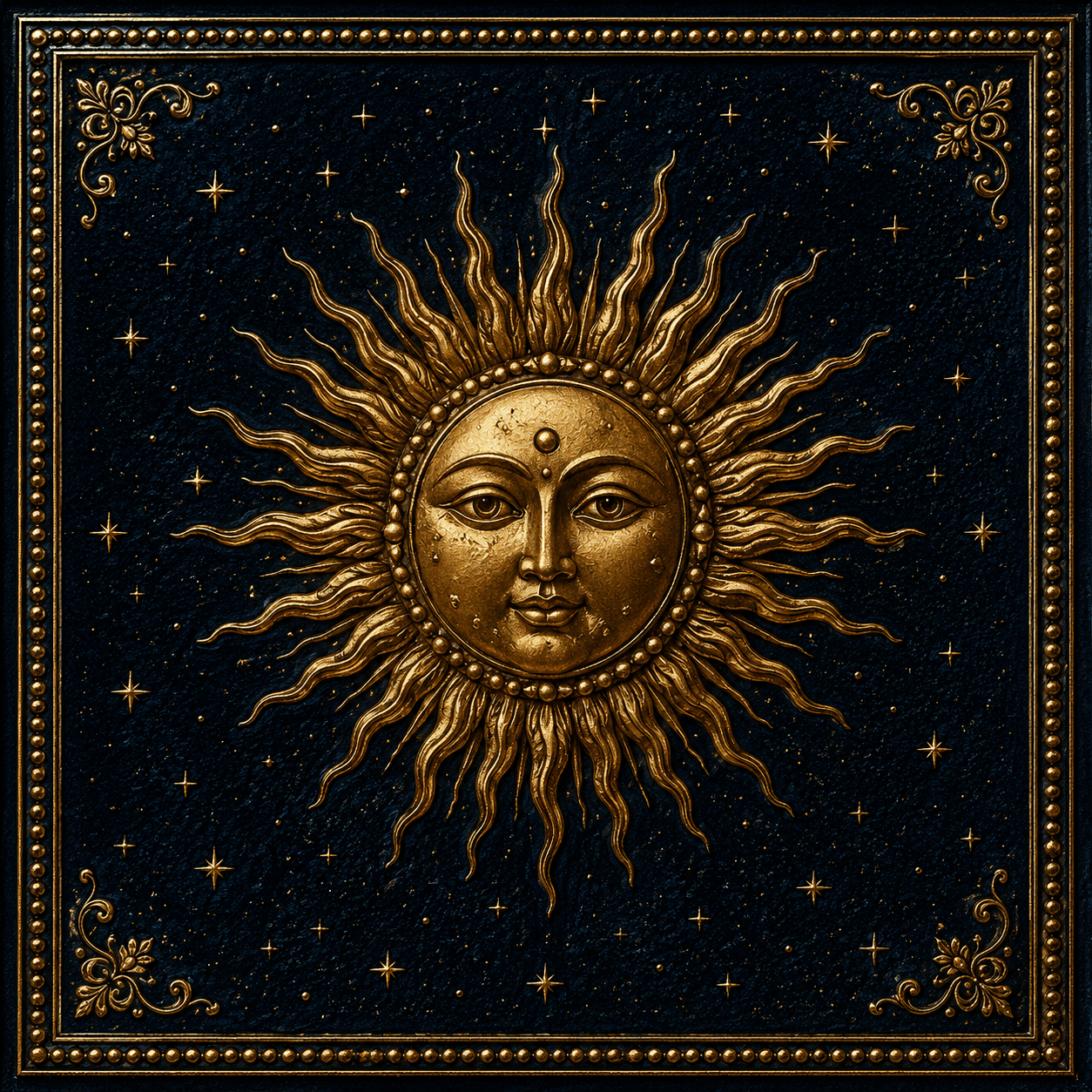 Face of the Sun (Radiant Sunburst) Framed Wall Art - Denim Gold