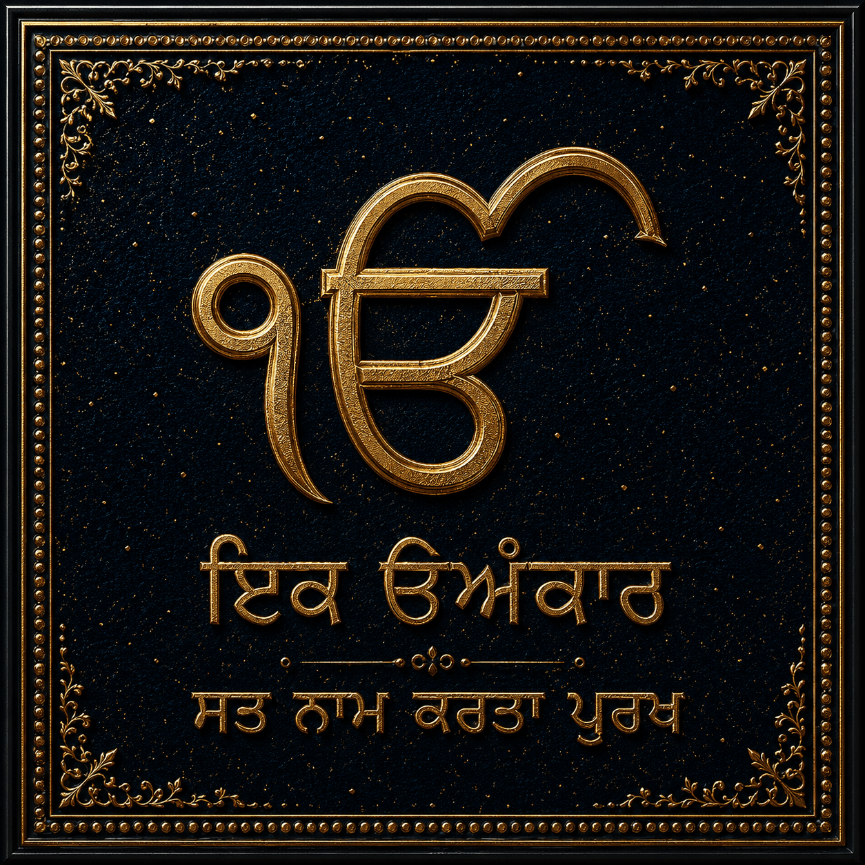 Ik Onkar Sacred Sikh Calligraphy Framed Wall Art - Denim Gold