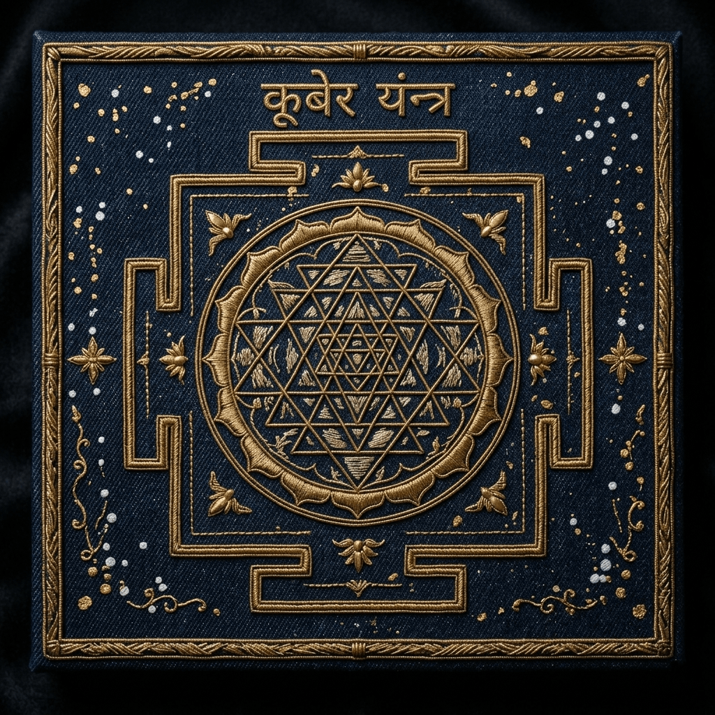 Shree Kuber Yantra Sacred Wealth Wall Art - Denim Gold