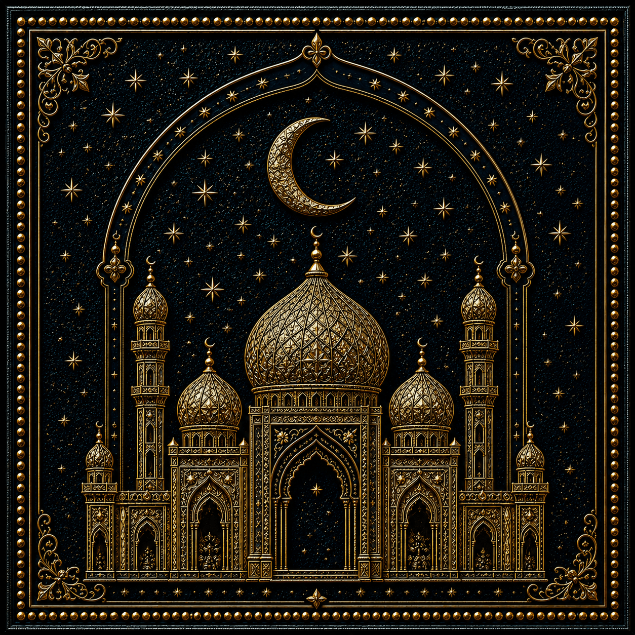 Mosque Silhouette under Crescent Moon & Stars Framed Wall Art