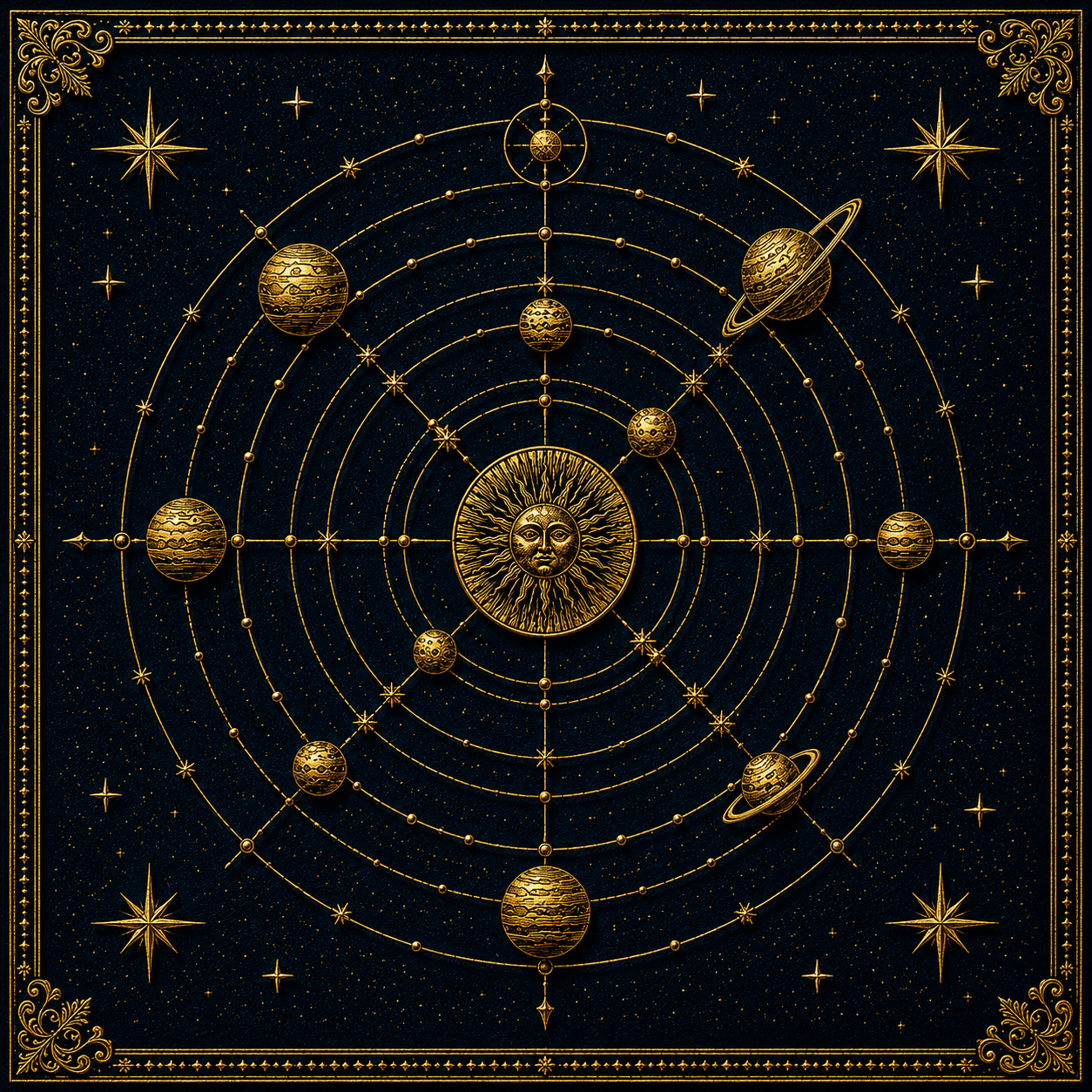 Navagraha Nine Planets Celestial Framed Wall Art - Denim Gold