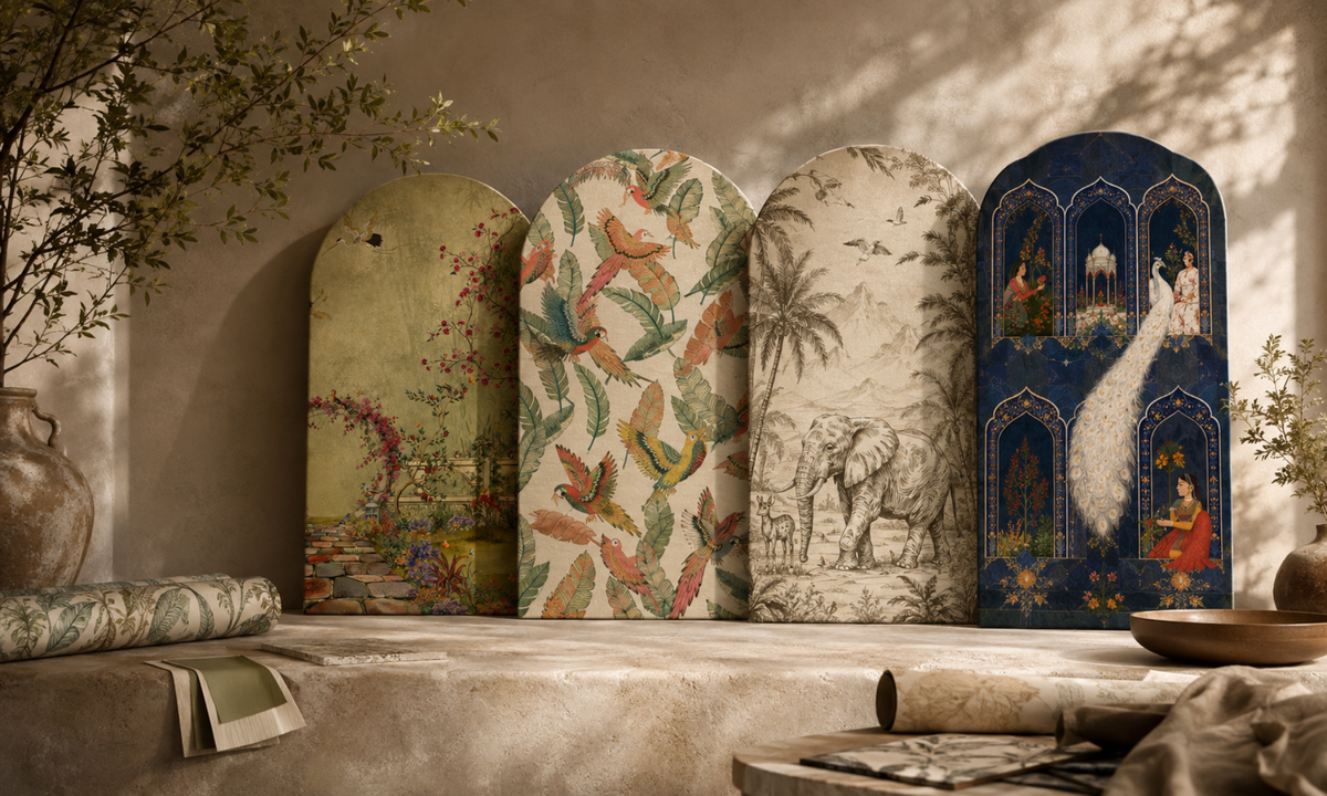 Four tall decorative fabric panels or wall-hanging pieces with ornate printed designs are displayed on a stone shelf in a styled interior. The designs include a landscape with pink arches, colorful birds and foliage, an elephant scene, and a blue arched scene with figures.