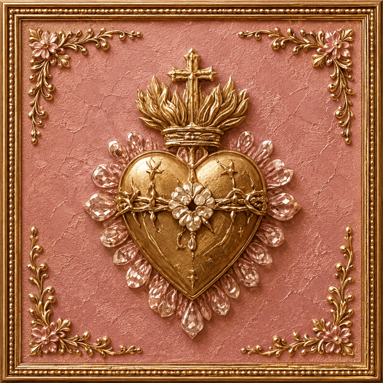 Sacred Heart with Crown and Florals Framed Wall Art - Blush Gold
