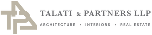 A logo for Talati & Partners LLP featuring a stylized beige 'TP' monogram and gray text reading 'ARCHITECTURE • INTERIORS • REAL ESTATE' on a white background.