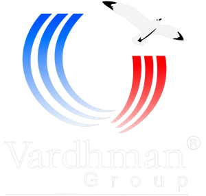 A logo featuring a stylized white seagull flying over blue and red curved stripes, with the text 'Vardhman Group' in white below on a black background.